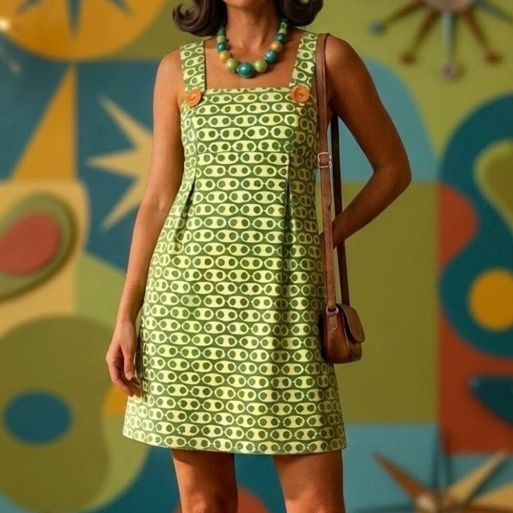 Tibi Green Mod MCM Retro Geometric Chain Print Print Pleated Mini Dress Size 4